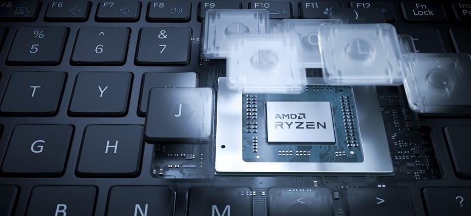 Stylized render of AMD Ryzen Mobile Processor inside a laptop (non PRO)