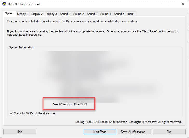 DirectX version in DirectX Diagnostic Tool