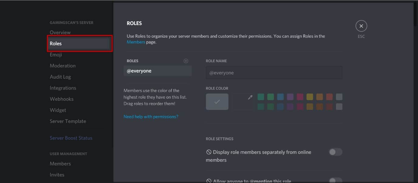 Discord Add Role Opening the Roles settings page